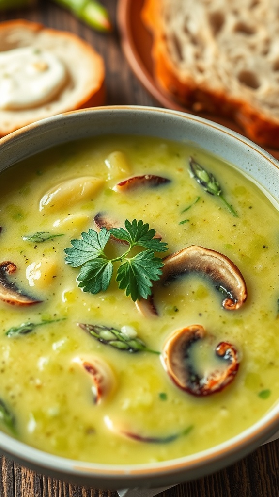 A bowl of creamy asparagus and mushroom soup garnished with parsley, surrounded by crusty bread on a wooden table.